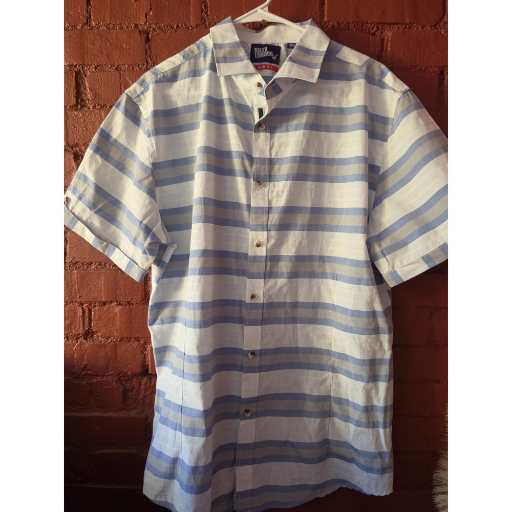 Billy London Mens XXL Slim Fit Shirt Blue White Striped Short Sleeve Coastal...